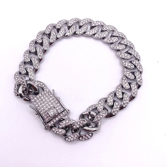 Silver Tone Cuban Link Full Rhinestones Pave Alloy Bracelet - Picture 2 of 6